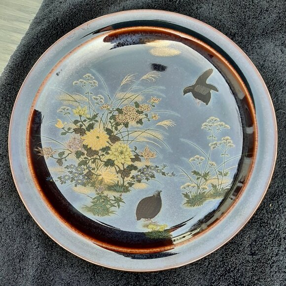 VTG  Serving Platter Grouse Birds Flowers Iridescent Pattern Japan Round 12" D - Picture 14 of 14